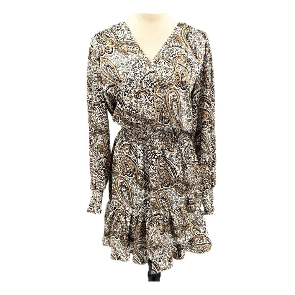 Michael Kors NWT Long Sleeve V-neck Brown & White Paisley Smocked Mini Dress
